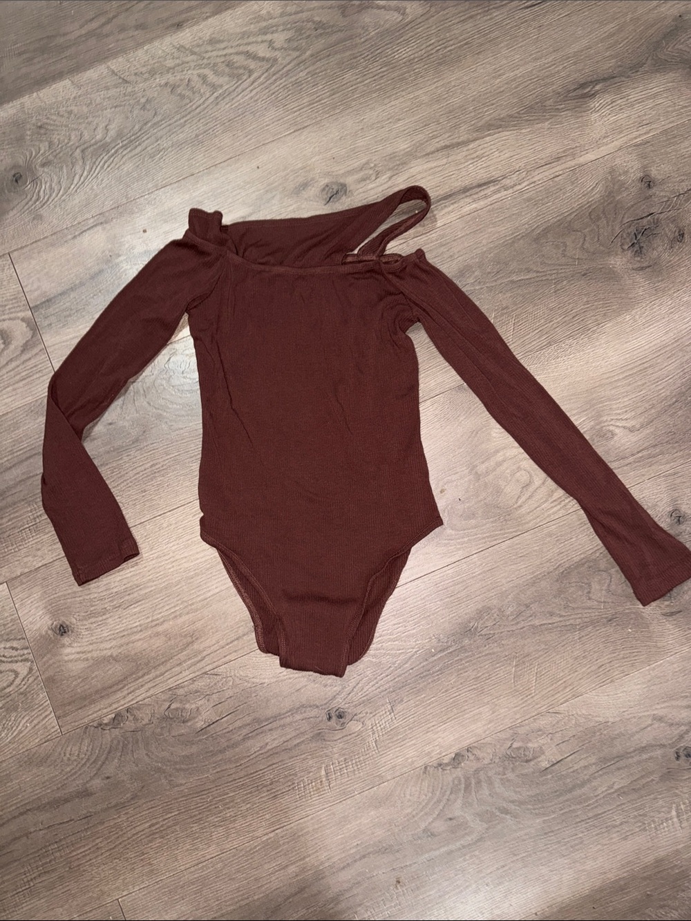 SHEIN Off-Shoulder Ribbed Long Sleeve Bodysuit in Deep Brown